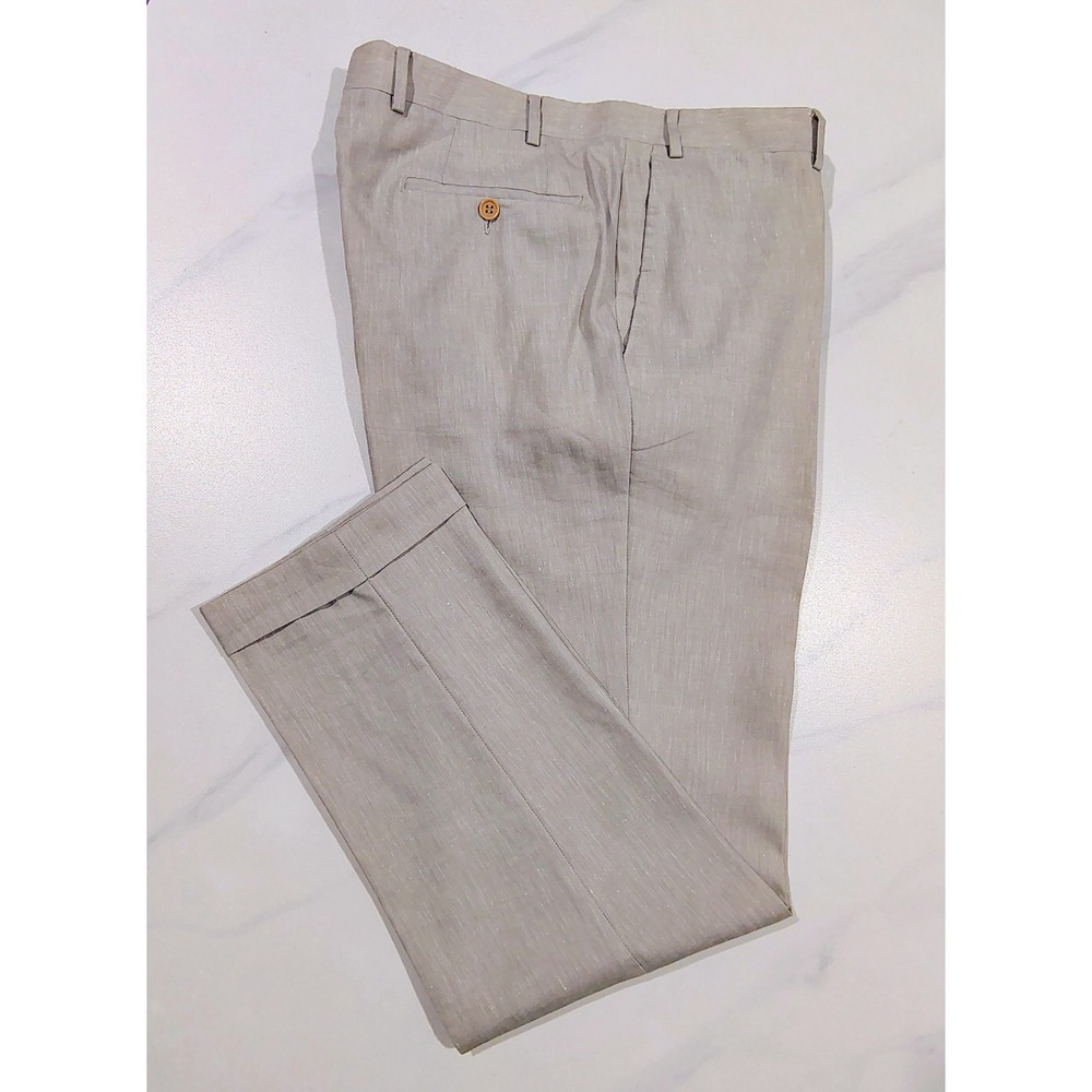 CANALI Dress Pants Linen Wool Beige Mens  Flat Front Made In Italy 36 X 32